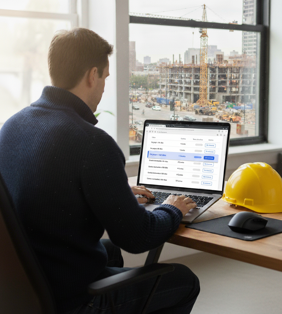 Construction professional using NUQLEA platform on laptop with construction site and crane visible through window, yellow hard hat on desk